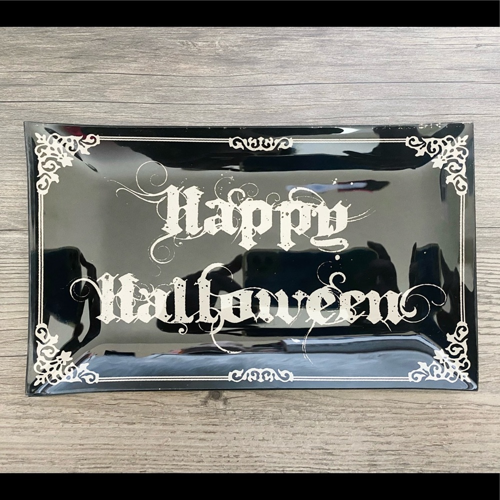 New Happy Halloween Black Glass Plate